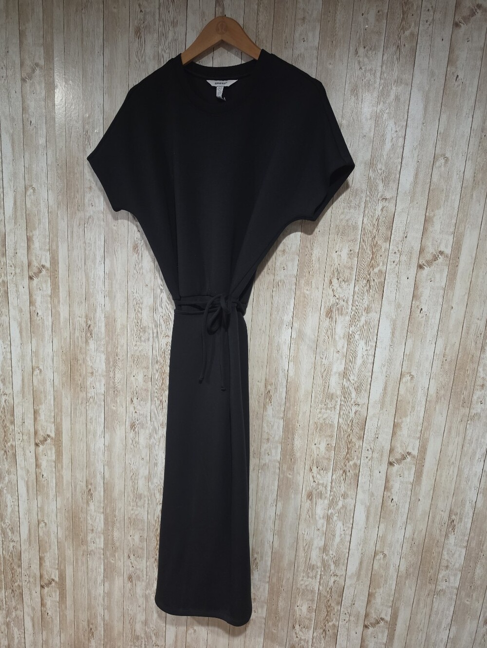 SPANX Women's Black Solid  Faux Wrap Midi Dress S  Minimalist Travel Athleisure